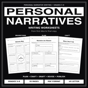 May include: A set of personal narrative writing worksheets for grades 5-8, featuring three pages titled Memory Map, Narrative Arc Planner, and Show, Don't Tell. The black and white document includes 35 pages in PDF format, US letter size.