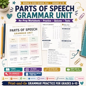 Puede incluir: Una unidad de gramática sobre las partes de la oración para los grados 6-10, que incluye una portada, tabla de contenidos, examen final y clave de respuestas. Los materiales contienen hojas de trabajo, ejercicios y pruebas con cuadros de texto.