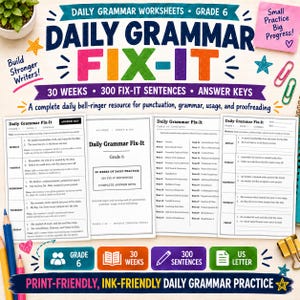 Puede incluir: Un recurso educativo Daily Grammar Fix-It para sexto grado con 30 semanas de hojas de trabajo, 300 oraciones y claves de respuestas. El documento incluye una tabla de contenidos, páginas de práctica diaria y ejercicios en azul, naranja y verde.