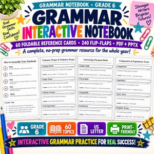 Könnte beinhalten: Ein interaktives Grammatik-Notizbuch für die 6. Klasse mit 60 faltbaren Referenzkarten und 240 Klappkarten. Das Dokument enthält Montageanleitungen sowie Grammatikübungen zu Substantiven, Pronomen und Komparativformen als PDF und PPTX.