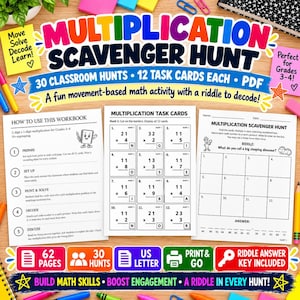 Może przedstawiać: Zestaw edukacyjny Multiplication Scavenger Hunt zawierający stronę tytułową, instrukcję obsługi, arkusz z 12 kartami zadań z mnożenia oraz arkusz odpowiedzi dla uczniów, obejmujący zadania matematyczne dla klas 3-4 w formacie PDF.