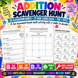 以下が含まれることがあります： 「Addition Scavenger Hunt」と題されたデジタル教材で、各12枚のタスクカードを含む30種類のクラスルームハントが収録されています。セットには使用ガイド、なぞなぞ付きの生徒用記録シート、足し算の問題が記載されたタスクカードが含まれています。