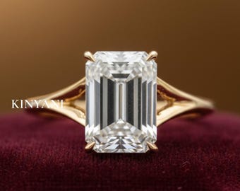 14k Gold Split Shank Emerald Moissanite Engagement Ring