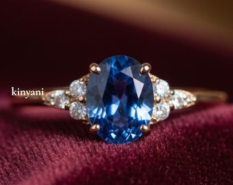 Vintage Oval Sapphire Engagement Ring – 14k Rose Gold Diamond Cluster