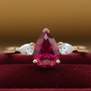 Vintage Pear Cut Red Ruby Engagement Ring, Unique Cluster Diamond Bridal Wedding Ring, Anniversary Gift Ring For Women