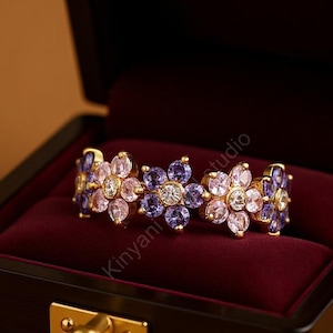Beautiful Flower Band, Amethyst & Pink Sapphire Ring, Half Eternity Band, Delicate Bridal Ring, 14K Solid Gold Ring, Birthstone Gift Ring
