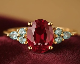 14-karätiger Gold Oval Rubin Aquamarin Ring, Juli Birthstone Cluster Versprechen Geburtstagsgeschenk, maßgeschneiderter Schmuck