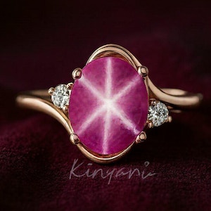 Star Ruby Diamond Ring 14K Solid Gold Ring, Lindy Star Ring Accent Diamond Statement Ring Engagement Stackable Ring Jewelry Anniversary Gift