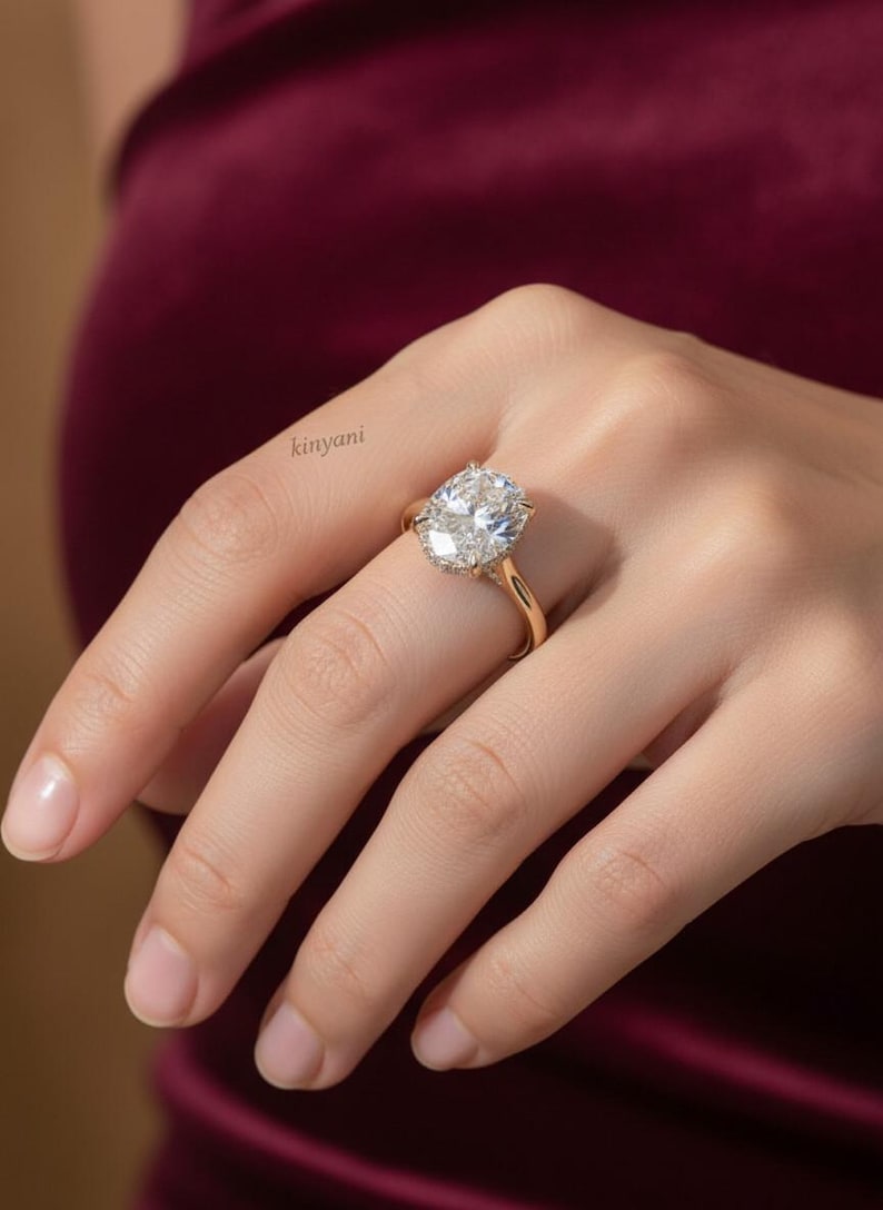 Perimeter Ring 3 Ct Oval Moissanite Engagement Ring: 10k Solid-gold Hidden-halo ...