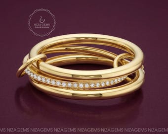 Bellanca Diamond Verbundener Stacker Gold Verbundener Spinner Ring, Ineinandergreifender Ring Mit 925 Sterling Silber & Massivgold, Multi Band Ring Stapel