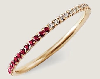 Aliança de casamento redonda com pedras preciosas de rubi, aliança empilhável com pedras de nascimento, aliança completa da eternidade, aliança delicada com pedras vermelhas, anel empilhável com anel mindinho