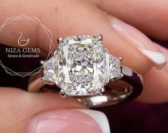 4.5CT Elongated Cushion Moissanite Engagement Ring, Three Stone Ring, Side Trapezoid Stone, Trilogy Travel Ring, Elongated Diamond Jewelry