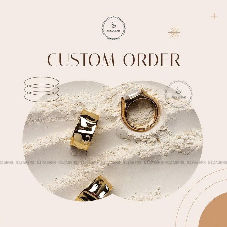 May include: Three gold-toned rings with irregular, hammered surfaces are displayed on a textured white powder. One ring features a smooth, white, oval-shaped stone setting. The text CUSTOM ORDER and NIZA GEMS are visible on the graphic.