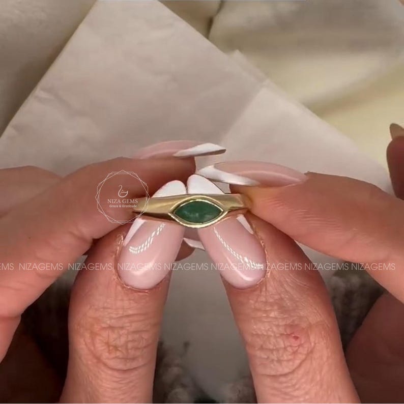 May Birthstone Pinky Ring, East West Set Marquise Cut Emerald Birthstone Ring, Green Emerald Gemstone Custom Ring, Dainty Minimalist Ring
