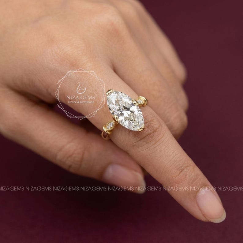 4CT Elongated Oval Cut Moissanite Engagement Ring, Modern Art Deco Moissanite Ring, Unique Prong, Moval Moissanite, Anniversary Gift For Her image 6