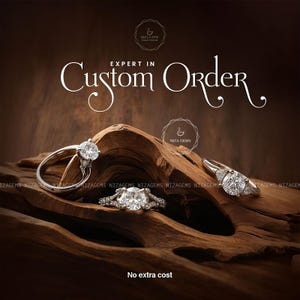 May include: Three diamond rings displayed on a piece of wood. The rings are silver with large, clear gemstones. The text "EXPERT IN Custom Order" is at the top, with "NIZA GEMS" and "No extra cost" also visible.