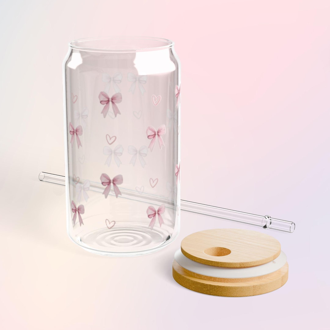 Aesthetic Pink Bows and Hearts Sipper Glass. Glass Tumbler. 16oz. Iced ...