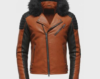 Men's Brown & Black Real Cowhide Leather Biker Jacket With Removable Fur Hood - Fashionable Coat Handmade Motorcycle Jacket - Gift Idea