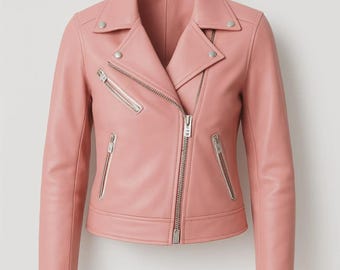 Women's Pink Genuine Real Cowhide Leather Jacket Coat - Faux Leather Jacket Handmade Fashionable Coat Casual Biker Jacket  - Gift For Her