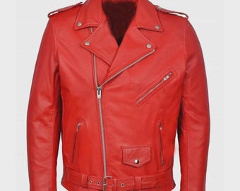 Chaqueta de motociclista de piel de oveja auténtica roja para hombre - Elegante chaqueta de cuero para motocicleta, hecha a mano - Idea de regalo