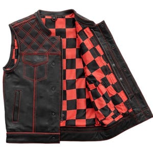 Men&#39;s Black Genuine Cowhide Leather Vest - Motorcycle Waistcoat Dimond Design Red Checker Lining Vest Hunt Club Conceal Carry Vest Gift Idea