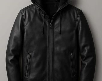 Men's Real Lambskin Leather Hoodie - Black Leather Hoodie - Handmade Leather Hooded Winter Wear Jacket Pullover Leather Hood - Gift Idea