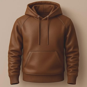 May include: A brown leather hoodie with a kangaroo pocket and a drawstring hood. The long-sleeved sweatshirt has ribbed cuffs and hem. The material has a textured appearance.