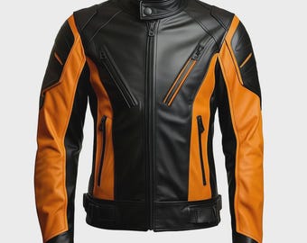 May include: Black and orange leather motorcycle jacket with a stand-up collar and multiple zippered pockets. The jacket features orange panels on the shoulders, sleeves, and sides, with black accents and a front zipper closure.