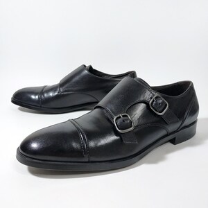 ZEGNA A4276X Double Monk Strap Cap Toe Leather Shoes Black Made in Italy