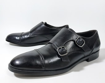 ZEGNA A4276X Double Monk Strap Cap Toe Leather Shoes Black Made in Italy