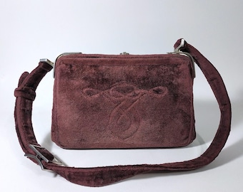 CESARE PICCINI * Firenze. Vintage Samt Burgund Clutch Tasche m. Spiegel. Italien. Circa 60er Jahre