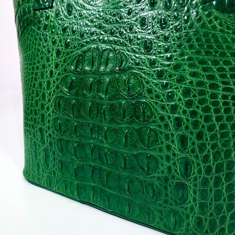 Pu&ograve; includere: Primo piano di una borsa in pelle verde strutturata. La superficie della borsa presenta un motivo a pelle di coccodrillo, con una finitura lucida. Il colore &egrave; un verde vibrante e intenso, e la trama &egrave; dettagliata e realistica.