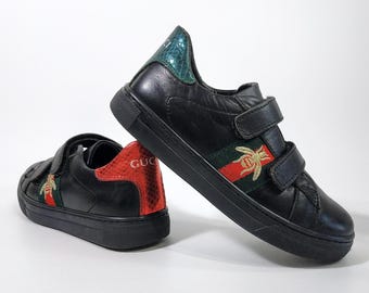GUCCI Kids Ace Bee Velcro Sneakers Black Italy Y2K Luxury Archive