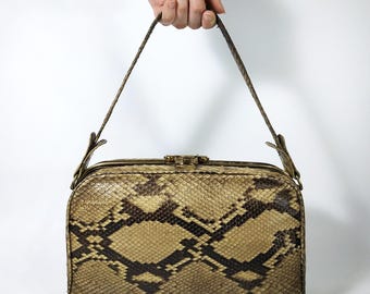 Borsa a mano vintage in pelle di pitone, anni '60, con manico superiore, di lusso