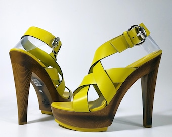 GUCCI Leather Wood Platform Sandals Lemon Yellow Made in Italy EU 37.5 Heels