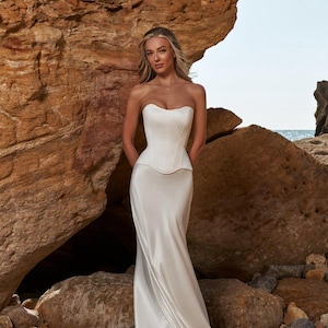 White Wedding Corset Dress: Pearl Detail Satin Maxi Skirt