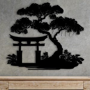Torii Gate wall art, Bonsai wall decor, Modern Wooden Art, Japanese Wall Hanging