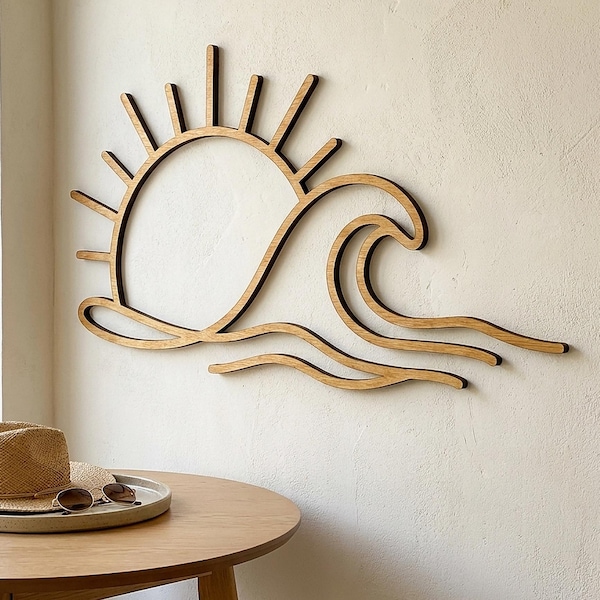 Sunrise Ocean Wave Wood Wall Art – Modern Beach Style Home Decor for Bedroom or Entryway