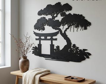 Wood Torii Gate Bonsai Wall Art, Japanese Decor