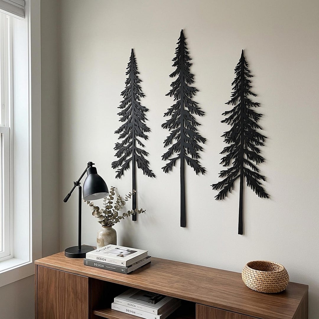 Pine Tree Wall Art Set – Wooden Forest Decor for Living Room, Nature ...