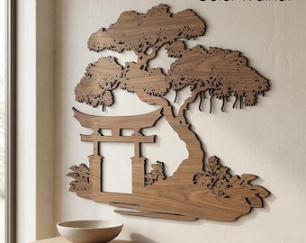 Torii Gate & Bonsai Tree Wooden Wall Art, Zen Decor