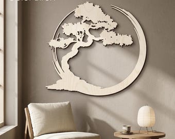 Zen Bonsai Tree Wall Art – Wooden Circle Wall Decor for Living Room or Meditation Space