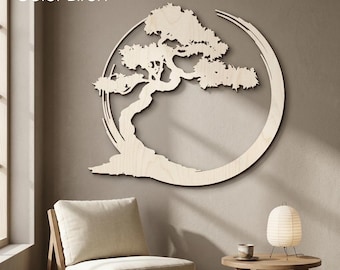 Bronze Bonsai Tree Wall Art – Japanese Zen Circle, Wooden Hanging Decor