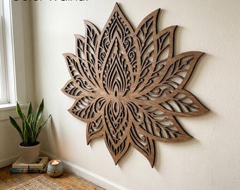 Lotus Wall Art Silver | Sacred Geometry Wooden Wall Decor for Living Room or Bedroom