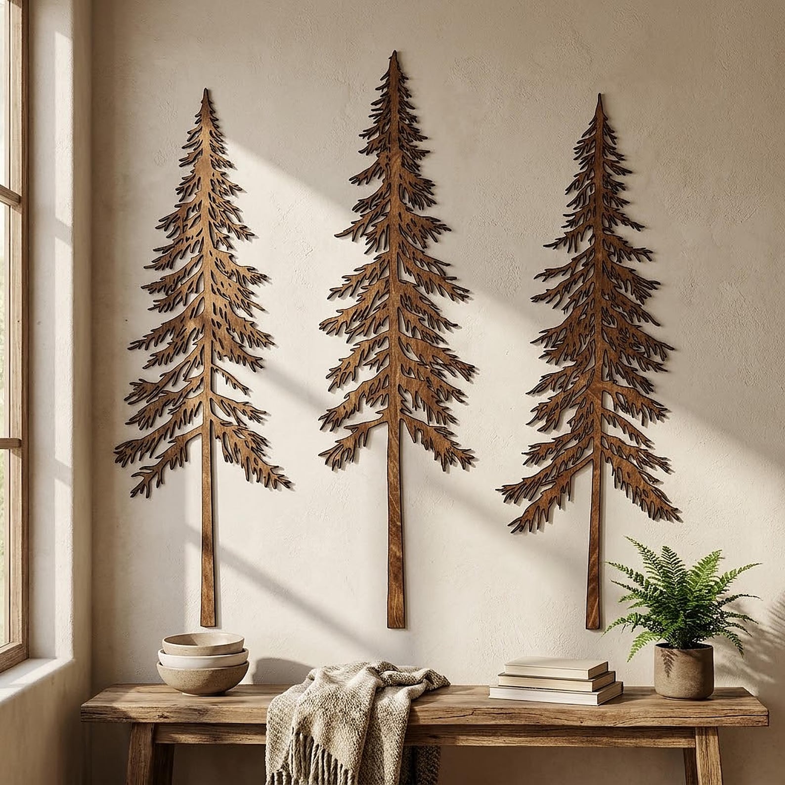 Pine Tree Wall Art Set – Wooden Forest Decor for Living Room, Nature