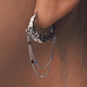 925 Sterling Silber Ohrring mit Ketten, Strukturierter Hoop Ohrring, Einzigartiger Statement Schmuck, Unisex Silber Ohrring, Geschenk für Sie