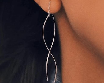S925 Sterling Silver Long Wave Earrings, Minimalist Modern Threader Earrings, Elegant Silver Dangle Jewelry, Gift for Her