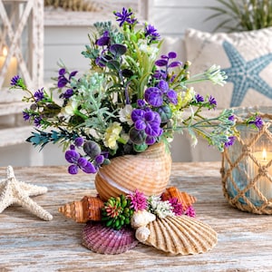 Handmade Coastal Seashell Floral Arrangement, Beach House Centerpiece, Nautical Decor
