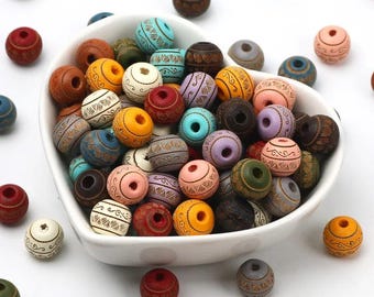 Natural Wood Beads | 10mm Carved Round Wooden Beads | Colorful DIY Jewelry Making & Craft Supplies