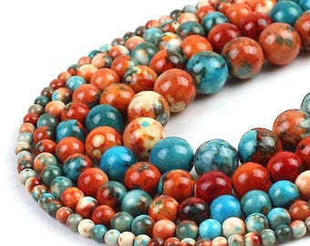 Rain Jasper Beads | Orange Blue Multicolor Round Stone Beads | 15" Strand 4mm–12mm | DIY Bracelet & Jewelry Making Supplies